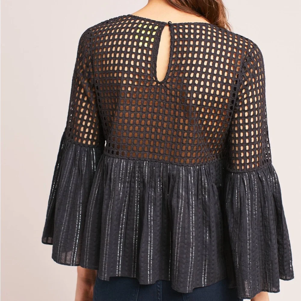 Anthropologie Maeve‎ Black Alameda Bell Sleeve Beaded 100% Cotton Blouse